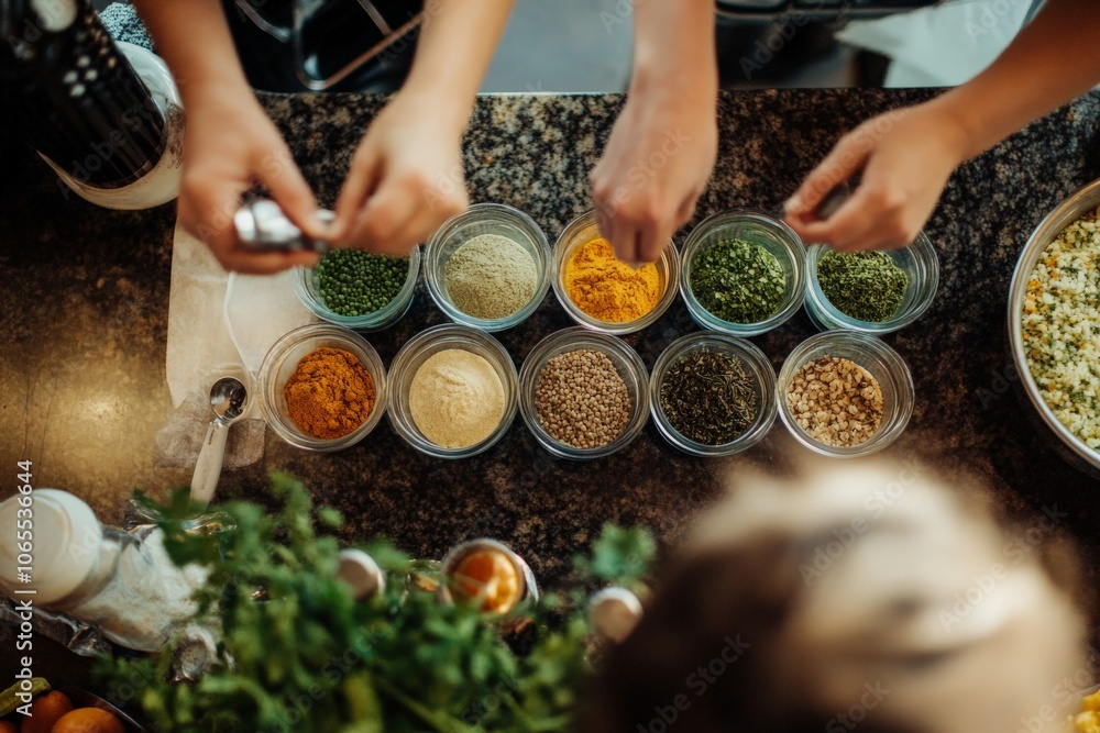 Poster Hands busy arranging various colorful spices in open glass jars on a countertop, showcasing the vibrant diversity of culinary ingredients to enhance flavor.