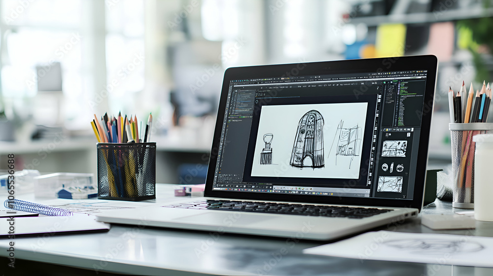 Poster laptop displaying a fashion design software with a sketch of a clothing item on the screen, sitting 