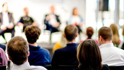 Panel Discussion Blur - Background blur with an audience focused on a discussion panel.

