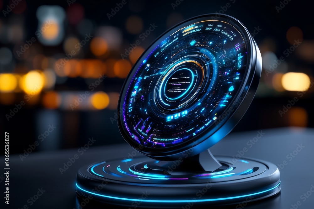 Poster futuristic digital security dashboard with holographic displays showing zero-day exploit alerts and 