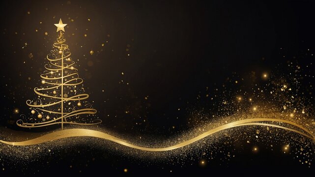 Postal de Navidad con árbol navideño dorado envuelto en partículas doradas. Tarjeta navideña con fondo negro para escribir