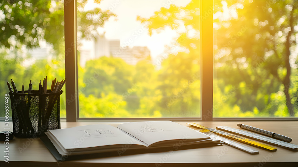 Poster open notebook on a desk near a window with pencils and a ruler, with a blurred view of a city skylin