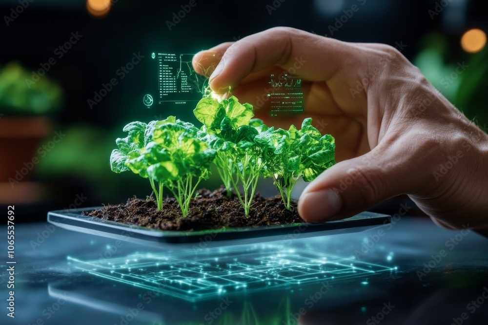 Poster holographic display of an organic farm with real-time data on produce growth and nutritional content