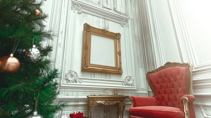 Fototapeta premium A blank photo frame , surrounded by red, gold and Christmas decorations
