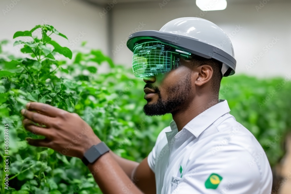 Poster holographic display showing data on crop yields in a rural farm setting, symbolizing the fusion of t