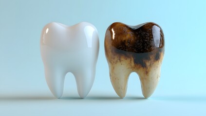 3D rendering of two teeth, one white and the other dirty with stains. The clean tooth is shiny, while the cloudy one has a dark brown color on it.