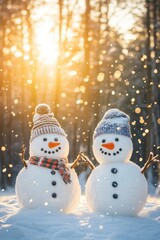 Obraz premium Cute snowman in heavy snow covered wild field at sunrise