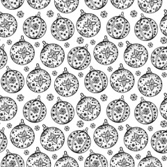 Christmas line art pattern with Christmas balls. Black and white background 