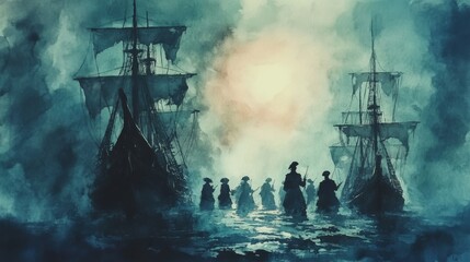 Fototapeta premium Silhouetted Ships and Figures in a Foggy Seascape