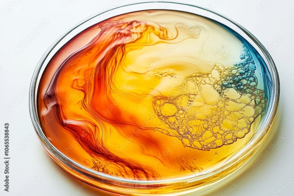 Poster vibrant orange and yellow swirls form an abstract pattern in a petri dish, creating a blend of color