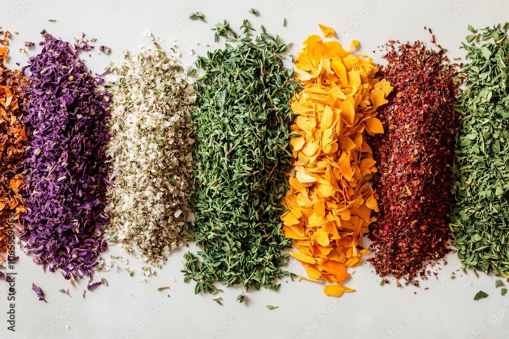 Aufkleber a vibrant assortment of colorful dried herbs displayed in an aesthetically pleasing flat lay pattern