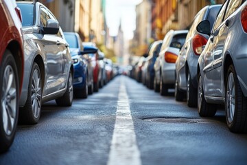 Cars parked on both sides of narrow city street