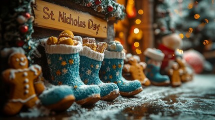 St. Nicholas Day gingerbread boots and cookies with festive decor