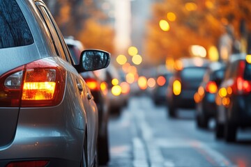 Cars stuck in heavy traffic jam in modern city street