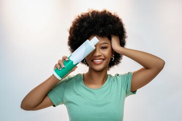 Woman with curly hair in green shirt holding a bottle of hair product