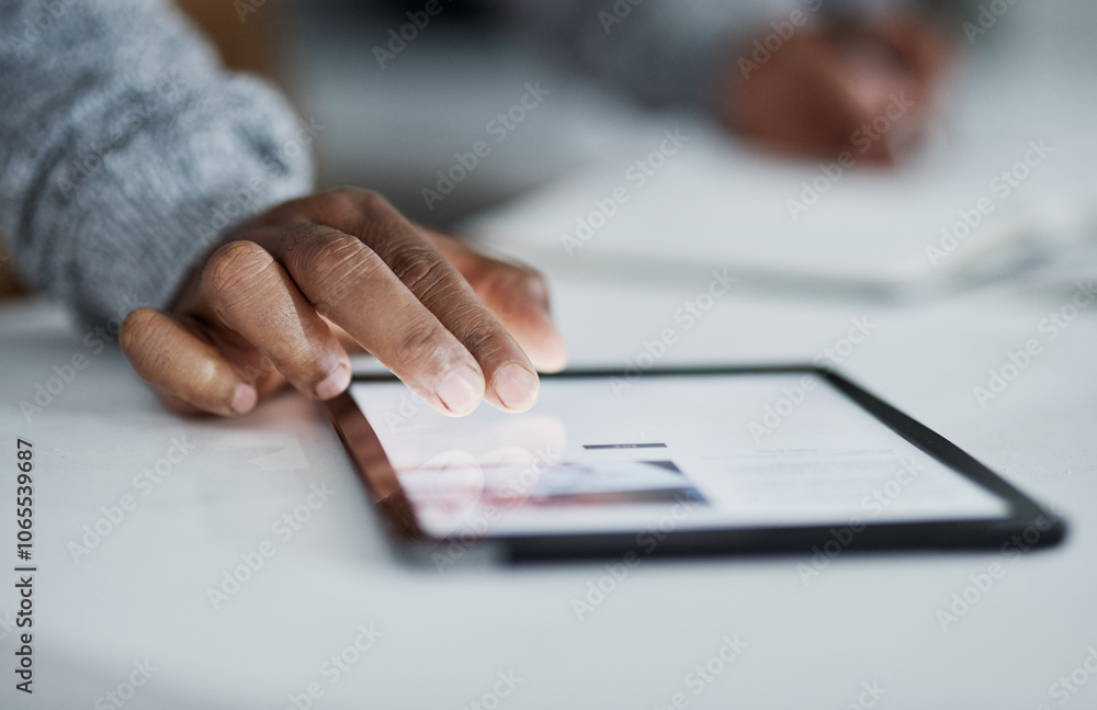 Poster hands, scroll and tablet screen for communication for information, ux and connection in office. busi