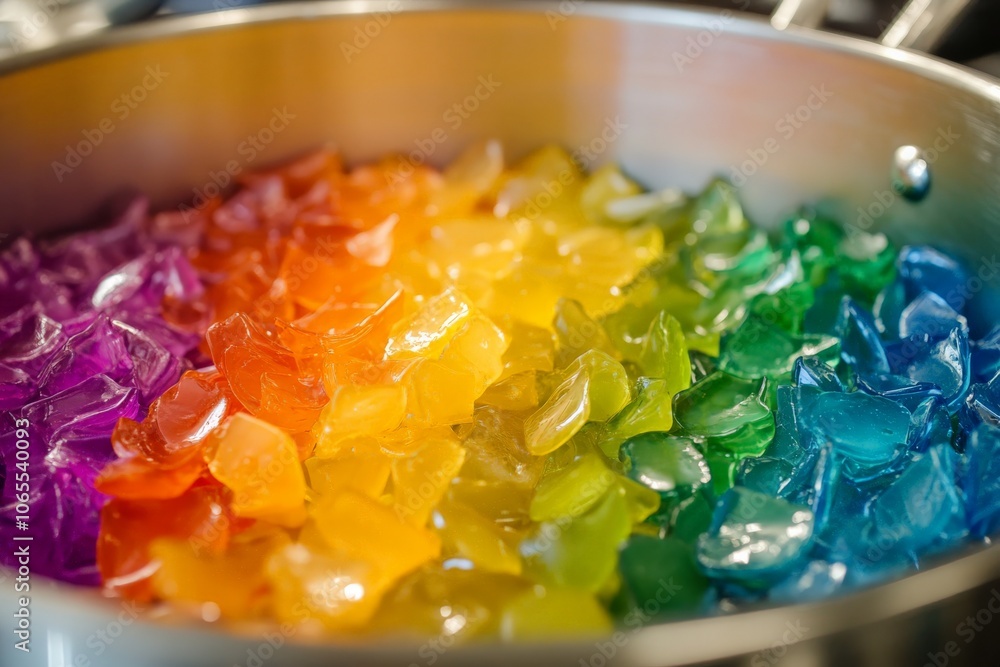 Poster gelatinous, rainbow-colored pieces inside a saucepan create an artistic and mesmerizing visual akin 