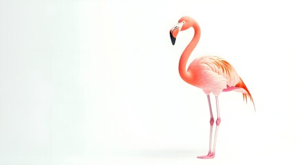 Striking flamingo stands gracefully at the edge of the frame and isolated in white background, wallpaper
