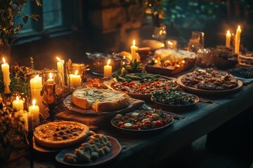 Fototapeta premium Medieval feast table illuminated by warm candlelight with delicious food and rustic decor
