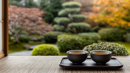 Two black teacups on a wooden table with a serene garden background.