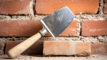 A trowel and bricks beside an exterior wall, showing the tools used in laying brick and the wall's progressing structure.