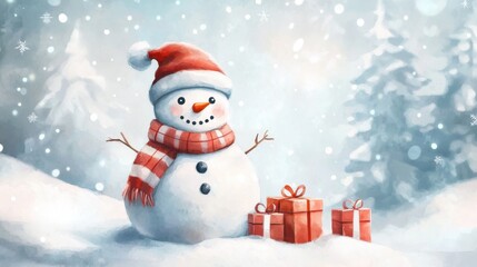 Obraz premium Cute snowman. Winter holiday theme.