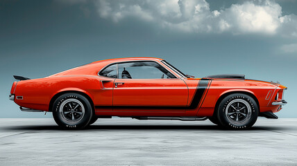 Vintage Orange Muscle Car with Black Accents and Aggressive Stance