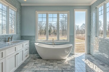Fototapeta premium Elegant bathroom with blue-gray tiles and large windows overlooking a tranquil garden, featuring a built-in bathtub and white cabinetry