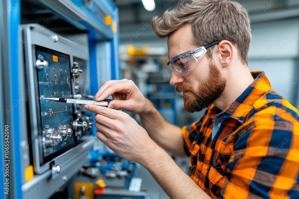 Aufkleber Person using a digital caliper to measure a scratch on a smartphone screen, capturing precision and care in consumer electronics QC