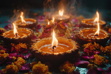 a diya with multiple wicks burning during Diwali.