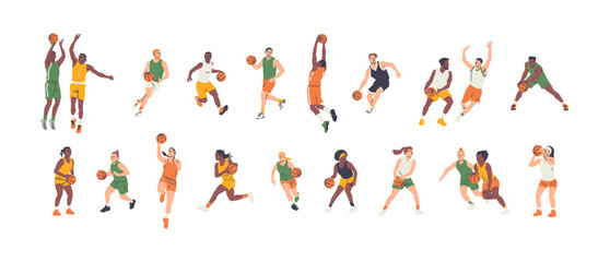 Diverse basketball player people team set. Colorful retro style athlete group playing game on isolated background. Men and women basket ball character collection, sport illustration. 