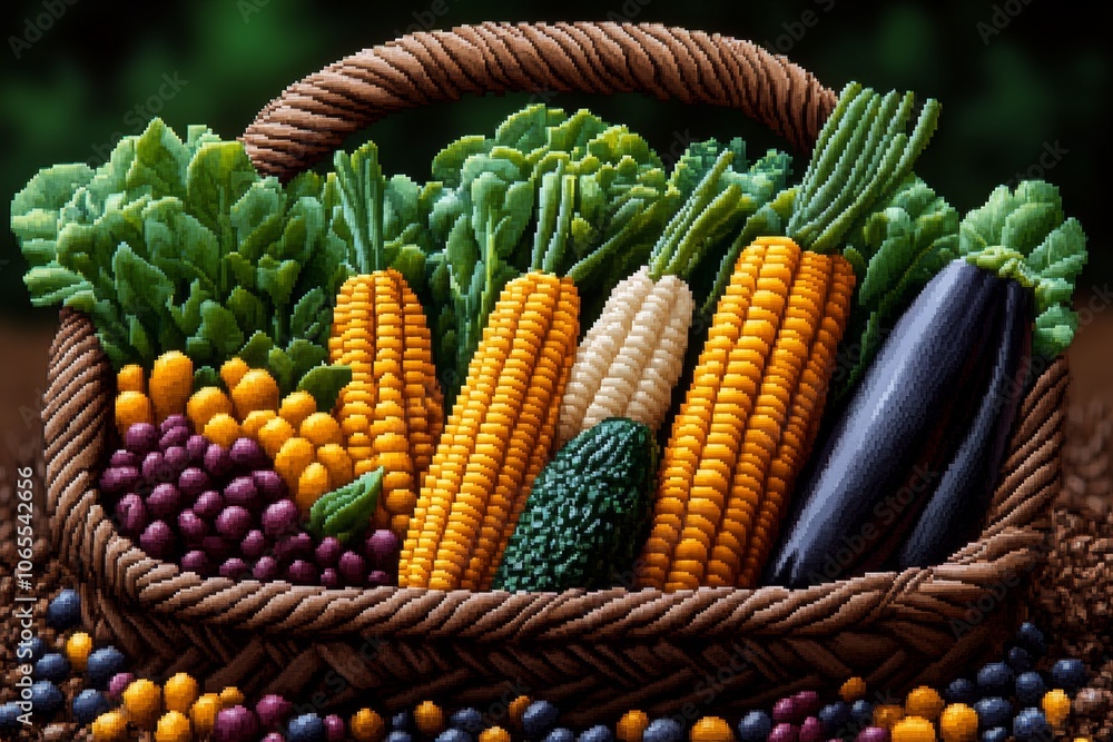 Poster pixel art of a selection of colorful organic vegetables in a rustic basket, evoking a retro gaming s