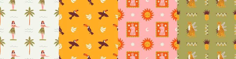 Retro tropical summer seamless pattern set. Hand drawn style background illustration collection. Vintage exotic nature textile print, jungle animal texture with hawaiian dancer, palm tree. © Dedraw Studio
