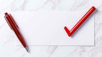 A red pen and a checkmark-shaped pen cap rest on a blank sheet of paper, symbolizing organization and readiness for tasks.