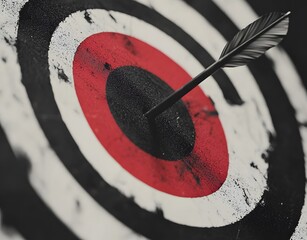 A black and white target with an arrow in the center of a red circle, macro photography, photo taken from above,