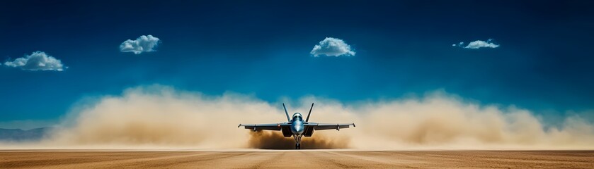Fototapeta premium A Military Jet Takes Off, Leaving a Dust Cloud in Its Wake