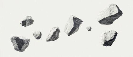 A minimalist composition of floating rock fragments in various sizes appears against a white background, showing detailed texture and shadows in black and white tones. Generative AI