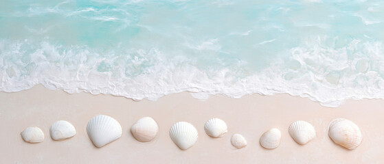 Fototapeta premium A line of white seashells arranged along a sandy beach with turquoise ocean waves washing up in the background creates a serene beachscape composition. Generative AI