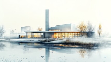 Obraz premium Modern Architecture Reflected in a Winter Lake