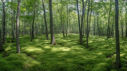 Fototapeta premium A serene forest landscape with lush green moss covering the ground beneath tall trees.