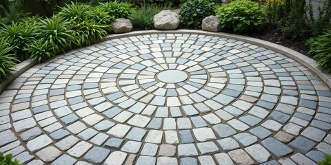 A circular cobblestone pathway framed by lush greenery, showcasing a harmonious blend of natural elements and meticulous design.