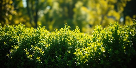 Obraz premium Sunlight filtering through a vibrant green foliage, creating a beautiful bokeh effect in the background.