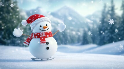 Fototapeta premium Cute snowman ski in snow field in mountain.