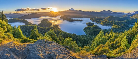 Naklejka premium Scenic panoramic view of a serene lake surrounded by mountains at sunset.