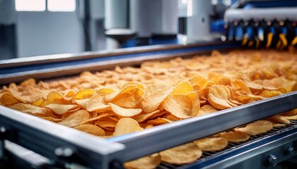 Potato chips production line on conveyor belt