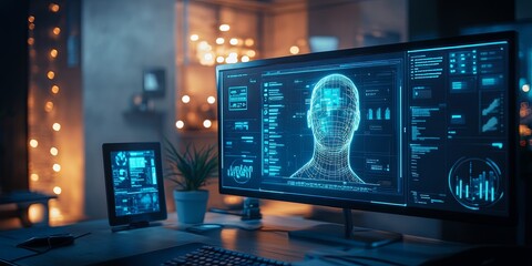 Futuristic Interface on a Desktop Computer Screen with a Wireframe Human Head