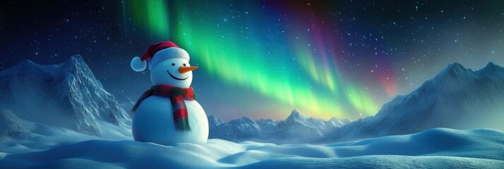 Cute snow man in snow field with beautiful aurora northern light