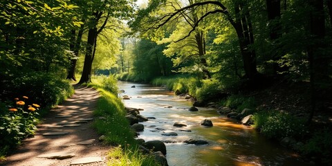 Fototapeta premium A winding stone path through a lush green forest leads to a flowing river with sun dappled water, casting long shadows on the surrounding vegetation