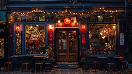 Obraz premium Cozy Storefront with Christmas Lights