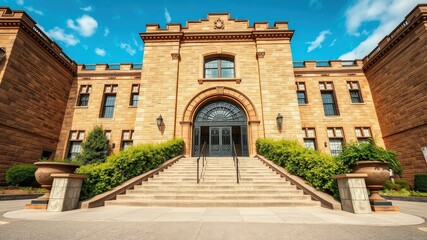 Obraz premium Stone facade with a large arched doorway, flanked by ornate lanterns and leading to a set of stone stairs